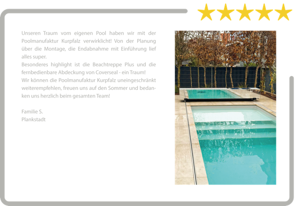 Eine Seite mit Text auf der linken Seite und einem Bild eines Pools auf der rechten Seite, oben fünf gelbe Sterne.